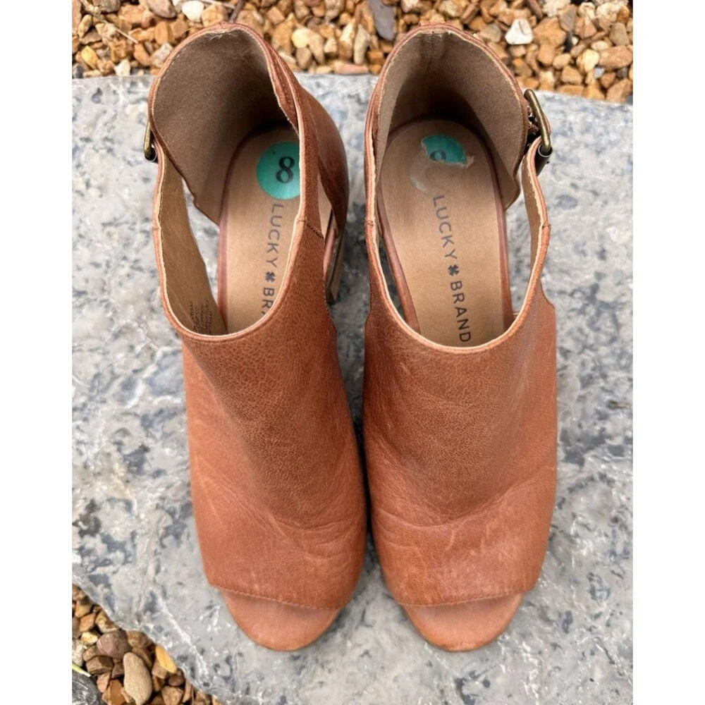 Lucky Brand Barimo Open Toe Booties Women Size 8 M Brown Leather Block Heels